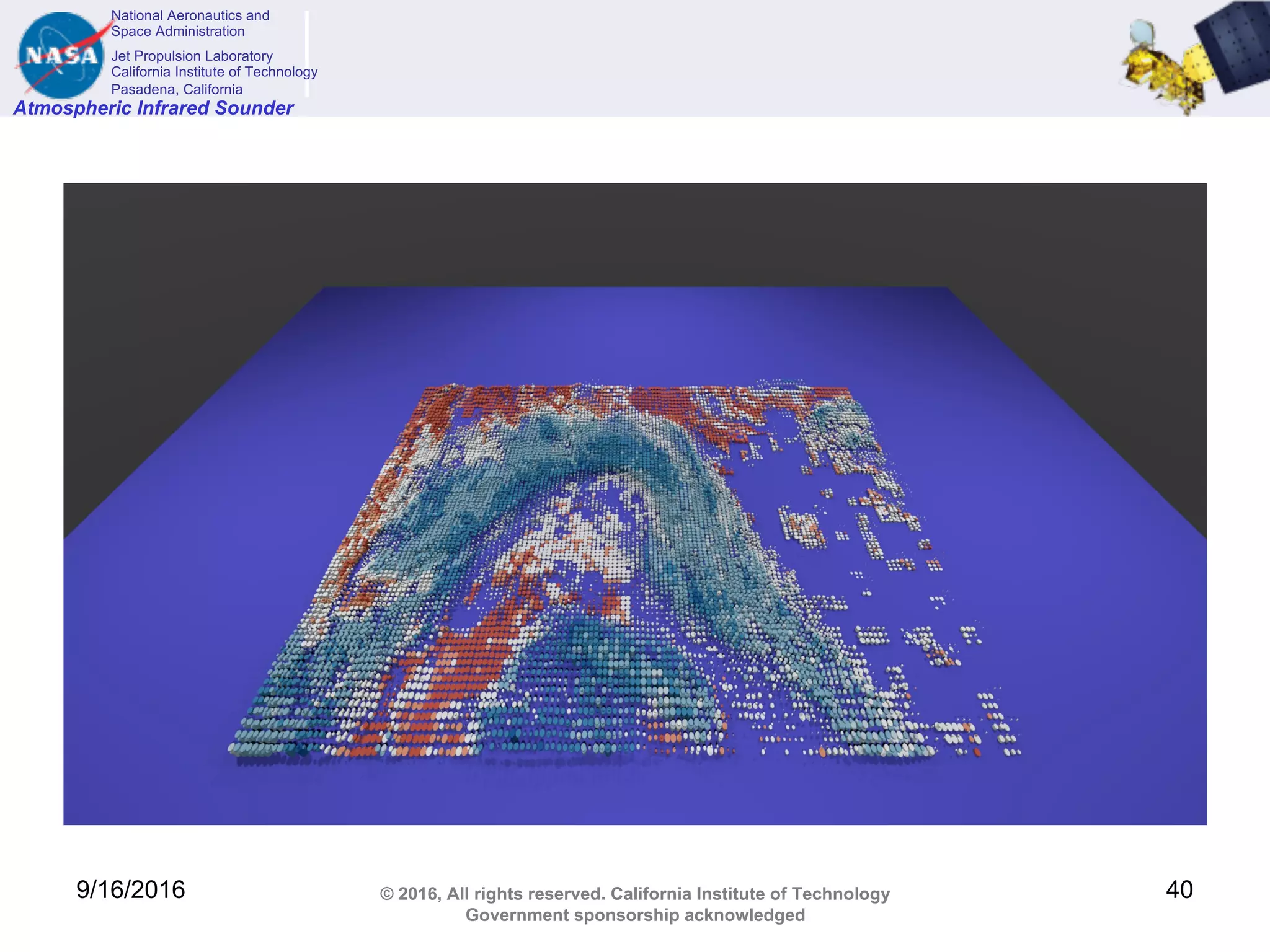 National Aeronautics and
Space Administration
Jet Propulsion Laboratory
California Institute of Technology
Pasadena, California
Atmospheric Infrared Sounder
© 2016, All rights reserved. California Institute of Technology
Government sponsorship acknowledged
9/16/2016 40
 
