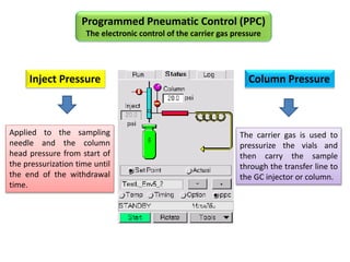Programmed Pneumatic Control (PPC)
The electronic control of the carrier gas pressure
Column PressureInject Pressure
The carrier gas is used to
pressurize the vials and
then carry the sample
through the transfer line to
the GC injector or column.
Applied to the sampling
needle and the column
head pressure from start of
the pressurization time until
the end of the withdrawal
time.
 