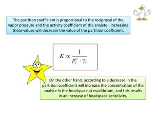 On the other hand, according to a decrease in the
partition coefﬁcient will increase the concentration of the
analyte in the headspace at equilibrium, and this results
in an increase of headspace sensitivity.
The partition coefﬁcient is proportional to the reciprocal of the
vapor pressure and the activity coefﬁcient of the analyte : increasing
these values will decrease the value of the partition coefﬁcient.
 