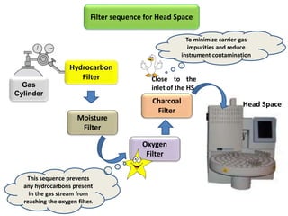 Gas
Cylinder
Hydrocarbon
Filter
Moisture
Filter
Oxygen
Filter
Charcoal
Filter
Head Space
This sequence prevents
any hydrocarbons present
in the gas stream from
reaching the oxygen filter.
To minimize carrier-gas
impurities and reduce
instrument contamination
Close to the
inlet of the HS
Filter sequence for Head Space
 