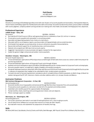 Patti Davies
612-869-4446
pldavies530@gmail.com
Summary
Analytical accounting and bookkeepingprofessional with over 10 years of accounts payableand receivables,clientpayment deposits,
reconciliation and findingsupport for monthly bank and creditcard activity.Focused on productivity control,precise,detail-orientated
with sound judgment, complex problem solvingand decision making skills that meets and exceeds challenging business objectives.
Professional Experience
LARSEN Design – Edina, MN
Accountant 09/2004 – 05/2015
 Assisted the VP-Chief Financial Officer with generating financial statements of over $11 million in revenue.
 Processed accounts payable and receivables in accounting system.
 Recorded and deposited payments from clients on a daily basis.
 Educated staff on use of expense reports, purchaseorders,billingworksheets and accuratetime entry.
 Distributed clientagingto accountexecutives to ensure collections stay within forecasted terms.
 Reconciled and found support for all monthly business card transactions.
 Opened and assigned over 300 new client accounts yearly.
 Suggested improvements to secure prompt and regular receipts for the organization.
 Coded the general ledger and processed vendor invoice payments.
Donaldson Company – Bloomington, MN
Accounts Payable Specialist 08/2015-10/2015
 Processed employee applicationsof PCard (purchasecard) through US Bank who have access to a certain creditlimitamount for
purchasing product(s).
 Processed employee applications of Corporate Travel cards through US Bank.
 Audited and reconciled expensereports ($5,000 to $50,000 expenditures) for reimbursement to CorporateTravel card employees.
 Accounts payable reports included daily, weekly, biweekly and monthly procedures.
 Answered employee questions abouttheir difficulties with theuseof PCard and Travel CorporateCards through theOraclesystem
in reference to paperwork that needed to be submitted for their reimbursement procedures.
 Trained to be part of processing electronic procedures which included millions of dollar payments via Wells Fargo, US Bank for
vendors being paid by EFT, AFT, electronic checks and other oddities within U.S., Europe, Canada and Mexico.
Contractor Positions
Mid Continent Management Corporation – St Paul, MN
Accounting Specialist 03/2016-07/2016
 Accessed monthly recurring payables and processed through My Share Sync Corporate Files and spreadsheets.
 Processed accounts payable on a daily basis to enter bills for payment and reimbursement.
 Submitted semi-monthly payroll for approximately 70 employees.
 Posted monthly checks, batching and scanning personal checks and cash deposits.
 Phone coverage support as needed.
Martrixcare, Inc – Bloomington, MN
Accounting Specialist 09/2016-10/2016
 Part of the collections team which consisted of making 60 phone calls a day to aging accounts.
 Use of Great Plains Software to issue past due invoices to clients per their request.
 Assisted with invoices and statements for preparation of monthly mailings.
Skills
MS Word,MS Excel, Quickbooks,Oracle,Clients and Profits,Rent Manager, ADP Payroll,GreatPlains Software,My Share Sync.
 