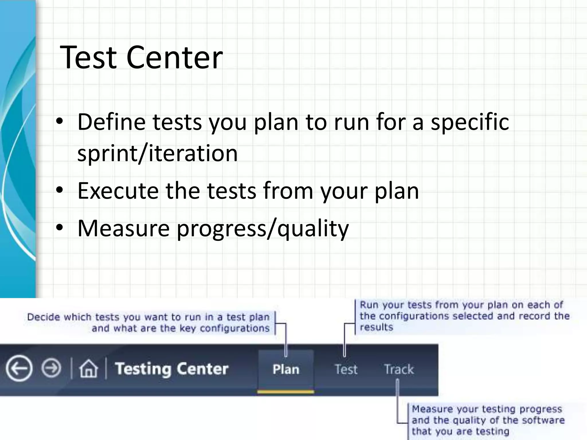 Test Center
• Define tests you plan to run for a specific
sprint/iteration
• Execute the tests from your plan
• Measure progress/quality
 