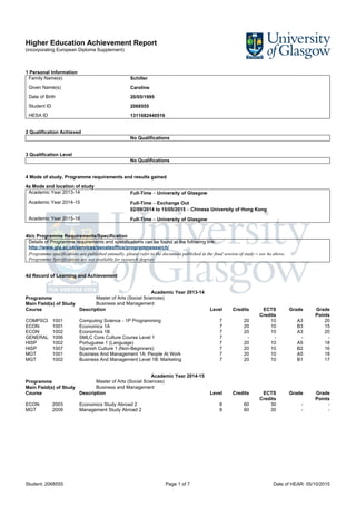 Higher Education Achievement Report
(incorporating European Diploma Supplement)
Student: 2068555 Page 1 of 7 Date of HEAR: 05/10/2015
1 Personal Information
Family Name(s) Schiller
Given Name(s) Caroline
Date of Birth 20/05/1995
Student ID 2068555
HESA ID 1311682440516
2 Qualification Achieved
No Qualifications
3 Qualification Level
No Qualifications
4 Mode of study, Programme requirements and results gained
4a Mode and location of study
Academic Year 2013-14 Full-Time – University of Glasgow
Academic Year 2014-15 Full-Time – Exchange Out
02/09/2014 to 15/05/2015 – Chinese University of Hong Kong
Academic Year 2015-16 Full-Time – University of Glasgow
4b/c Programme Requirements/Specification
Details of Programme requirements and specifications can be found at the following link:
http://www.gla.ac.uk/services/senateoffice/programmesearch/
Programme specifications are published annually, please refer to the document published in the final session of study – see 4a above.
Programme Specifications are not available for research degrees
4d Record of Learning and Achievement
Academic Year 2013-14
Programme Master of Arts (Social Sciences)
Main Field(s) of Study Business and Management
Course Description Level Credits ECTS
Credits
Grade Grade
Points
COMPSCI 1001 Computing Science - 1P Programming 7 20 10 A3 20
ECON 1001 Economics 1A 7 20 10 B3 15
ECON 1002 Economics 1B 7 20 10 A3 20
GENERAL 1006 SMLC Core Culture Course Level 1 7 - - - -
HISP 1002 Portuguese 1 (Language) 7 20 10 A5 18
HISP 1007 Spanish Culture 1 (Non-Beginners) 7 20 10 B2 16
MGT 1001 Business And Management 1A: People At Work 7 20 10 A5 18
MGT 1002 Business And Management Level 1B: Marketing 7 20 10 B1 17
Academic Year 2014-15
Programme Master of Arts (Social Sciences)
Main Field(s) of Study Business and Management
Course Description Level Credits ECTS
Credits
Grade Grade
Points
ECON 2003 Economics Study Abroad 2 8 60 30 - -
MGT 2009 Management Study Abroad 2 8 60 30 - -
 