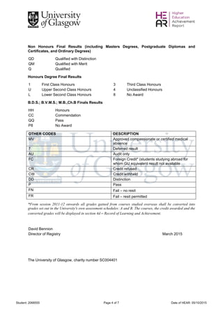 Student: 2068555 Page 4 of 7 Date of HEAR: 05/10/2015
Non Honours Final Results (including Masters Degrees, Postgraduate Diplomas and
Certificates, and Ordinary Degrees)
QD Qualified with Distinction
QM Qualified with Merit
Q Qualified
Honours Degree Final Results
1 First Class Honours 3 Third Class Honours
U Upper Second Class Honours 4 Unclassified Honours
L Lower Second Class Honours 8 No Award
B.D.S.; B.V.M.S.; M.B.,Ch.B Finals Results
HH Honours
CC Commendation
QQ Pass
P8 No Award
OTHER CODES DESCRIPTION
MV Approved compassionate or certified medical
absence
7 Deferred result
AU Audit only
FC Foreign Credit* (students studying abroad for
whom GU equivalent result not available
CR Credit refused
CW Credit withheld
DD Distinction
P Pass
FN Fail – no resit
FR Fail – resit permitted
*From session 2011-12 onwards all grades gained from courses studied overseas shall be converted into
grades set out in the University's own assessment schedules: A and B. The courses, the credit awarded and the
converted grades will be displayed in section 4d – Record of Learning and Achievement.
David Bennion
Director of Registry March 2015
The University of Glasgow, charity number SC004401
 