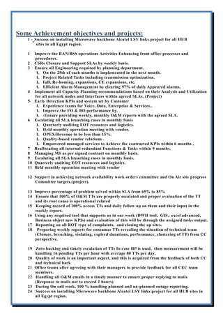 Some Achievement objectives and projects:
1 - Success on installing Microwave backbone Alcatel LSY links project for all HUB
sites in all Egypt region.
1 Improve the RAN/BSS operations Activities Enhancing front office processes and
procedures.
2 CSRs Closure and Support SLAs by weekly basis.
3 Ensure all Engineering required by planning department.
1. On the 25th of each months is implemented in the next month.
1. Project Related Tasks including transmission optimization.
1. IuB, Re-homing, expansions, CE expansions, etc.
1. Efficient Alarm Management by clearing 97% of daily Appeared alarms.
4 Implement all Capacity Planning recommendations based on their Analysis and Utilization
for all network nodes and Interfaces within agreed SLAs. (Project)
5 Early Detection KPIs and system set by Customer
1. Experience teams for Voice, Data, Enterprise & Services..
1. Improve the FO & BO performance by.
1. -Ensure providing weekly, monthly O&M reports with the agreed SLA.
6 Escalating all SLA breaching cases in monthly basis
1. Quarterly auditing EOT resources and logistics.
1. Held monthly operation meeting with vendor.
1. OPEX/Revenue to be less than 15%.
1. Quality-based vendor relations .
1. Empowered managed services to Achieve the contracted KPIs within 6 months ,
7 Reallocating all internal redundant Functions & Tasks within 9 months.
8 Managing MS as per signed contract on monthly basis.
9 Escalating all SLA breaching cases in monthly basis.
10 Quarterly auditing EOT resources and logistics.
11 Held monthly operation meeting with vendor
12 Support in achieving network availability work orders committee and On Air site progress
Committee targets.(project).
13 Improve percentage of problem solved within SLA from 65% to 85%
14 Ensure that 100% of O&M TTs are properly escalated and proper evaluation of the TT
and its root cause is operational related
15 Keeping record of 100% access TTs and daily follow up on them and their input in the
weekly report.
16 Using any required tool that supports us in our work (DWH tool, GIS, excel advanced,
Business object new KPIs) and evaluation of this will be through the assigned tasks output.
17 Reporting on all ROT type of complaints, and closing the up sites.
18 Preparing weekly reports for consumer TTs revealing the situation of technical team
(Closure, breaching, violating, expired durations, performance, clustering of TT) from CC
perspective.
19 Zero backlog and timely escalation of TTs In case HP is used, then measurement will be
handling 16 pending TTs per hour with average 80 TTs per day.
20 Quality of work is an important aspect, and this is acquired from the feedback of both CC
and technical back
21 Office teams after agreeing with their managers to provide feedback for all CEC team
members.
22 Handling all O&M emails in a timely manner to ensure proper replying to mails
(Response to mails not to exceed 2 hours)
23 During On call week, 100 % handling planned and un-planned outage reporting.
24 Success on installing Microwave backbone Alcatel LSY links project for all HUB sites in
all Egypt region.
 