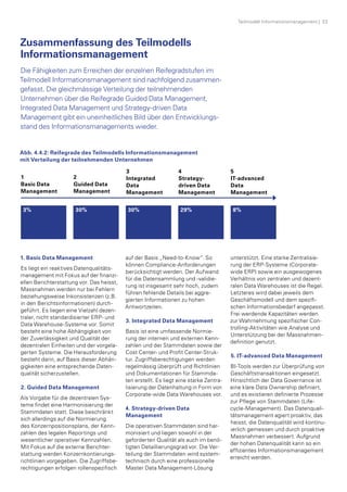 Teilmodell Informationsmanagement |  33
1. Basic Data Management
Es liegt ein reaktives Datenqualitäts-
management mit Fokus auf der finanzi­
ellen Berichterstattung vor. Das heisst,
Massnahmen werden nur bei Fehlern
beziehungsweise Inkonsistenzen (z.B.
in den Berichtsinformationen) durch-
geführt. Es liegen eine Vielzahl dezen­
traler, nicht standardisierter ERP- und
Data Warehouse-Systeme vor. Somit
besteht eine hohe Abhängigkeit von
der Zuverlässigkeit und Qualität der
dezentralen Einheiten und der vorgela­
gerten Systeme. Die Herausforderung
besteht darin, auf Basis dieser Abhän­
gigkeiten eine entsprechende Daten­
qualität sicherzustellen.
2. Guided Data Management
Als Vorgabe für die dezentralen Sys­
teme findet eine Harmonisierung der
Stammdaten statt. Diese beschränkt
sich allerdings auf die Normierung
des Konzernpositionsplans, der Kenn­
zahlen des legalen Reportings und
wesentlicher operativer Kennzahlen.
Mit Fokus auf die externe Berichter­
stattung werden Konzernkontierungs­
richtlinien vorgegeben. Die Zugriffsbe­
rechtigungen erfolgen rollenspezifisch
auf der Basis „Need-to-Know“. So
können Compliance-Anforderungen
berücksichtigt werden. Der Aufwand
für die Datensammlung und -validie­
rung ist insgesamt sehr hoch, zudem
führen fehlende Details bei aggre­
gierten Informationen zu hohen
Antwortzeiten.
3. Integrated Data Management
Basis ist eine umfassende Normie­
rung der internen und externen Kenn­
zahlen und der Stammdaten sowie der
Cost Center- und Profit Center-Struk­
tur. Zugriffsberechtigungen werden
regelmässig überprüft und Richtlinien
und Dokumentationen für Stammda­
ten erstellt. Es liegt eine starke Zentra­
lisierung der Datenhaltung in Form von
Corporate-wide Data Warehouses vor.
4. Strategy-driven Data
Management
Die operativen Stammdaten sind har­
monisiert und liegen sowohl in der
geforderten Qualität als auch im benö­
tigten Detaillierungsgrad vor. Die Ver­
teilung der Stammdaten wird system­
technisch durch eine professionelle
Master Data Management-Lösung
unterstützt. Eine starke Zentralisie­
rung der ERP-Systeme (Corporate-
wide ERP) sowie ein ausgewogenes
Verhältnis von zentralen und dezent­
ralen Data Warehouses ist die Regel.
Letzteres wird dabei jeweils dem
Geschäftsmodell und dem spezifi­
schen Informationsbedarf angepasst.
Frei werdende Kapazitäten werden
zur Wahrnehmung spezifischer Con­
trolling-Aktivitäten wie Analyse und
Unterstützung bei der Massnahmen­
definition genutzt.
5. IT-advanced Data Management
BI-Tools werden zur Überprüfung von
Geschäftstransaktionen eingesetzt.
Hinsichtlich der Data Governance ist
eine klare Data Ownership definiert,
und es existieren definierte Prozesse
zur Pflege von Stammdaten (Life­
cycle-Management). Das Datenquali­
tätsmanagement agiert proaktiv, das
heisst, die Datenqualität wird kontinu­
ierlich gemessen und durch proaktive
Massnahmen verbessert. Aufgrund
der hohen Datenqualität kann so ein
effizientes Informationsmanagement
erreicht werden.
Zusammenfassung des Teilmodells
Informationsmanagement
Die Fähigkeiten zum Erreichen der einzelnen Reifegradstufen im
Teilmodell Informationsmanagement sind nachfolgend zusammen­
gefasst. Die gleichmässige Verteilung der teilnehmenden
Unternehmen über die Reifegrade Guided Data Management,
Integrated Data Management und Strategy-driven Data
Management gibt ein uneinheitliches Bild über den Entwicklungs­
stand des Informa­tionsmanagements wieder.
Abb. 4.4.2: Reifegrade des Teilmodells Informationsmanagement
mit Verteilung der teilnehmenden Unternehmen
3% 30%30% 29% 8%
5
IT-advanced
Data
Management
3
Integrated
Data
Management
2
Guided Data
Management
4
Strategy-
driven Data
Management
1
Basic Data
Management
 