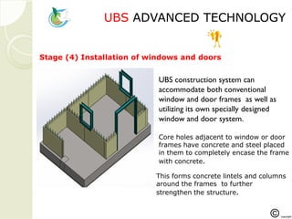 UBSUBS ADVANCED TECHNOLOGADVANCED TECHNOLOGYY
Stage (4) Installation of windows and doors
UBS construction system can
accommodate both conventional
window and door frames as well as
utilizing its own specially designed
window and door system.
Core holes adjacent to window or door
frames have concrete and steel placed
in them to completely encase the frame
with concrete.
This forms concrete lintels and columns
around the frames to further
strengthen the structure.
 