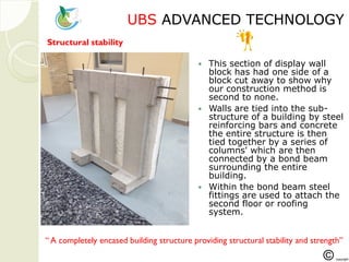 UBSUBS ADVANCED TECHNOLOGYADVANCED TECHNOLOGY
 This section of display wall
block has had one side of a
block cut away to show why
our construction method is
second to none.
 Walls are tied into the sub-
structure of a building by steel
reinforcing bars and concrete
the entire structure is then
tied together by a series of
columns' which are then
connected by a bond beam
surrounding the entire
building.
 Within the bond beam steel
fittings are used to attach the
second floor or roofing
system.
Structural stability
“ A completely encased building structure providing structural stability and strength”
 