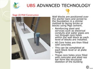 UBSUBS ADVANCED TECHNOLOGADVANCED TECHNOLOGYY
Wall blocks are positioned over
the starter bars and joined to
the foundation in a similar
method to laying bricks or
blocks using Mgo cement. Ste
 Reinforcing steel and
services such as electrical
conduits and water pipes are
run through core holes
within the wall block as each
level of blocks are installed.
 All Core holes are then filled
with concrete.
 This can be completed at
each block level or at plate
height.
 These core holes once filled
with concrete and steel reo
bar form the structural
skeleton of the building
Stage (2) Wall Construction
 
