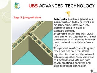 UBSUBS ADVANCED TECHNOLOGADVANCED TECHNOLOGYY
Stage (3) Joining wall blocks
Externally block are joined in a
similar fashion to laying bricks or
masonry blocks however Mgo
cement is used in place of
standard cement.
Internally within the wall block
they are joined together with steel
connection bars. inserted between
the structural core holes of each
block.
This procedure of connecting each
block ties not only the blocks
together, its also ties the internal
columns together (once concrete
has been poured into the core
holes) creating a concrete and
steel reinforced connection
 