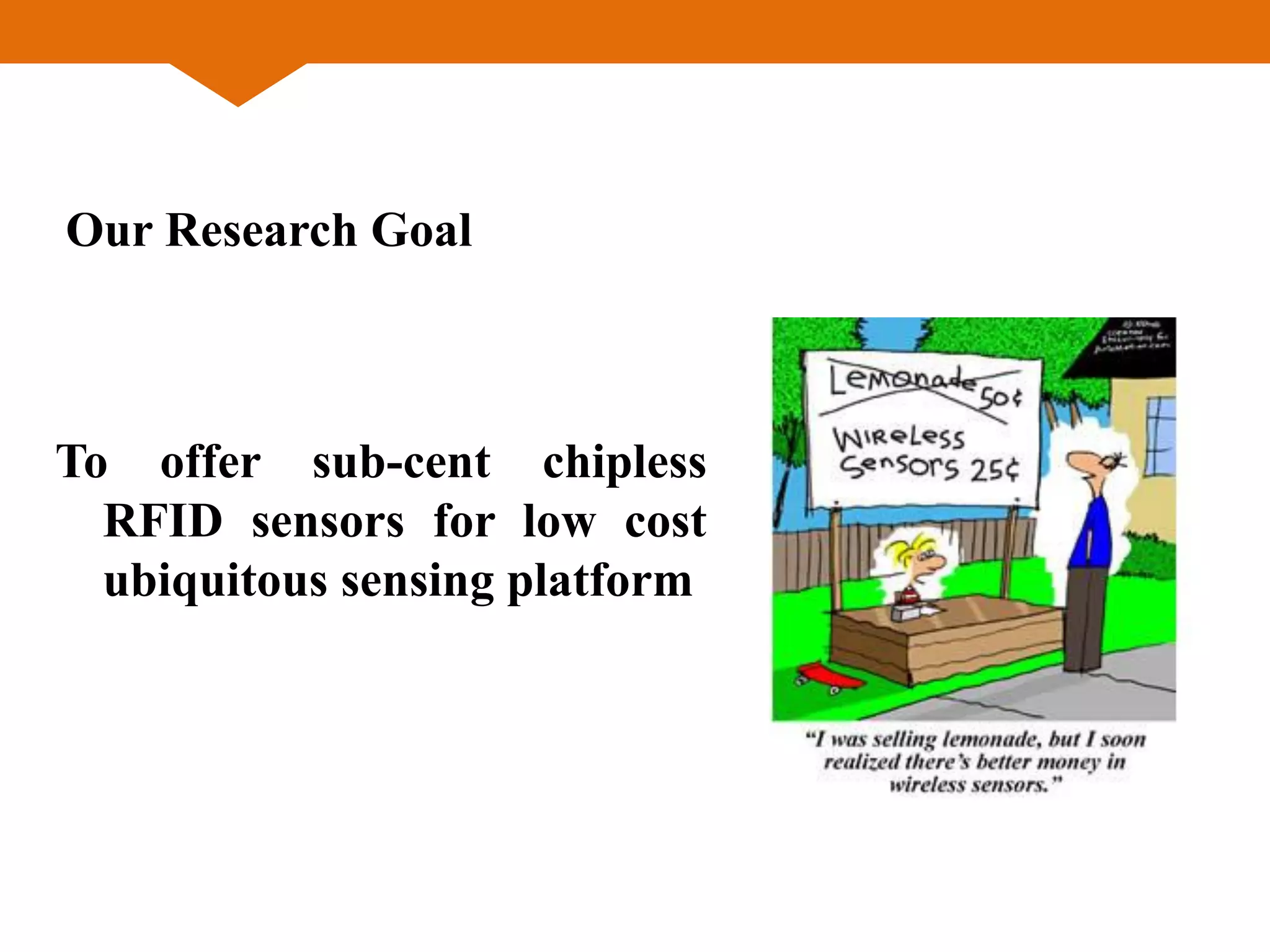 To offer sub-cent chipless
RFID sensors for low cost
ubiquitous sensing platform
Our Research Goal
 
