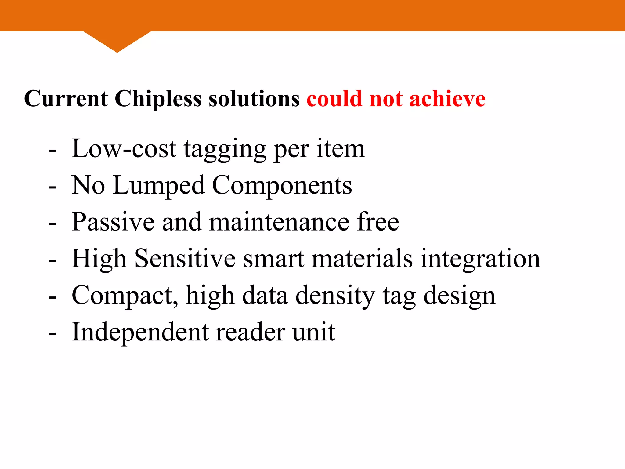 Current Chipless solutions could not achieve
- Low-cost tagging per item
- No Lumped Components
- Passive and maintenance free
- High Sensitive smart materials integration
- Compact, high data density tag design
- Independent reader unit
 
