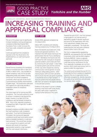 https://yorksandhumber.ewin.nhs.uk/home
Good practice
case study Yorkshire and the Humber
Barnsley Hospital NHS Foundation Trust
Increasing Training and
Appraisal Compliance
summary
The aim of this project was to significantly
increase mandatory training and appraisal
compliance at Barnsley Hospital NHS
Foundation Trust in order to ensure the
Trust have a safe, competent and valued
workforce.
Continued significant low compliance
reported to the Trust Board led to the
heightened focus on staff training and
appraisals.
KEY OUTCOMES
Overall training compliance for mandatory
subjects increased from 45% in April 2011
to 84% in March 2012. This included an
overall compliance rate of 91% for both
safeguarding adults and children’s training,
(clinical and non-clinical compliance
combined), which was part of the Trust’s
Commissioning for Quality and Innovation
(CQUIN) target. The presentation slide pack
that supports this case study provides a
breakdown review of compliance
undertaken.
The initial target set for training was 90%
compliance. The Trust will continue to strive
to achieve a compliance rate beyond this
target; however, as at April 2012 the
compliance rate had already increased to
86%. Prior to this, appraisal compliance
increased from 58% in April 2011 to 88%
in March 2012.
Increased compliance provides evidence that
the Trust’s workforce is safe, competent
and valued. If we had not embarked on
this project, the training and appraisal
compliance would have continued to remain
below acceptable standards or could even
have worsened. This would have resulted
in an increased risk to patients and staff
because staff would not have been
appropriately trained to a high standard,
with the most relevant information.
key aims
Achieve 80% appraisal compliance by
31st March 2012.
Obtain 90% mandatory and statutory
training compliance by 31st March 2012.
Attain the benefits associated with a fully
trained and appraised workforce. It is
important that staff receive training as this
demonstrates that the Trust is developing
its staff. Mandatory training ensures that
staff have the skills necessary to recognise
potential problems and to deal with them
by contacting the right people. It also helps
to improve patient care and the outcome
of their stay within hospital by covering
communication and recognition of issues
relating to safeguarding patients. Other
training equips staff to do their job better
and to ensure that the care given to patients
is streamlined and to a high standard. It
reassures patients that the people looking
after them are trained to the highest standards
in line with best practice.
Evidence of the project’s success is already
showing in the Trust’s staff survey results;
this year’s staff survey is expected to
improve further because of this work.
Towards the end of 2011, the Trust received
a high grade B in an internal audit of
appraisals (a grade B indicates significant
assurance for the organisation with only
minor adjustments needed; these were
undertaken immediately). The Audit also
stated that the Trust was quite a distance
ahead of other Trusts in this area.
The Trust is independently regulated by
MONITOR, and assessed by the Care Quality
Commission (CQC) and the NHS Litigation
Authority (NHSLA). Failure to appraise
employees and provide essential training
could have serious ramifications for the
Trust, especially if employees are not fit to
practise, which could cause serious harm to
patients and/or the organisation.
The overall results achieved during 2011/12
should help the Trust to evidence to regulators/
assessors that as an organisation we are
effectively managing risk, directly improving
the quality of our workforce and ultimately
our services where needed.
 