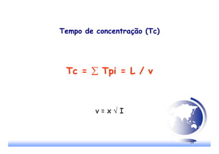 14
Tempo de concentração (Tc)
Tc = ∑∑∑∑ Tpi = L / v
v = x √ I
 