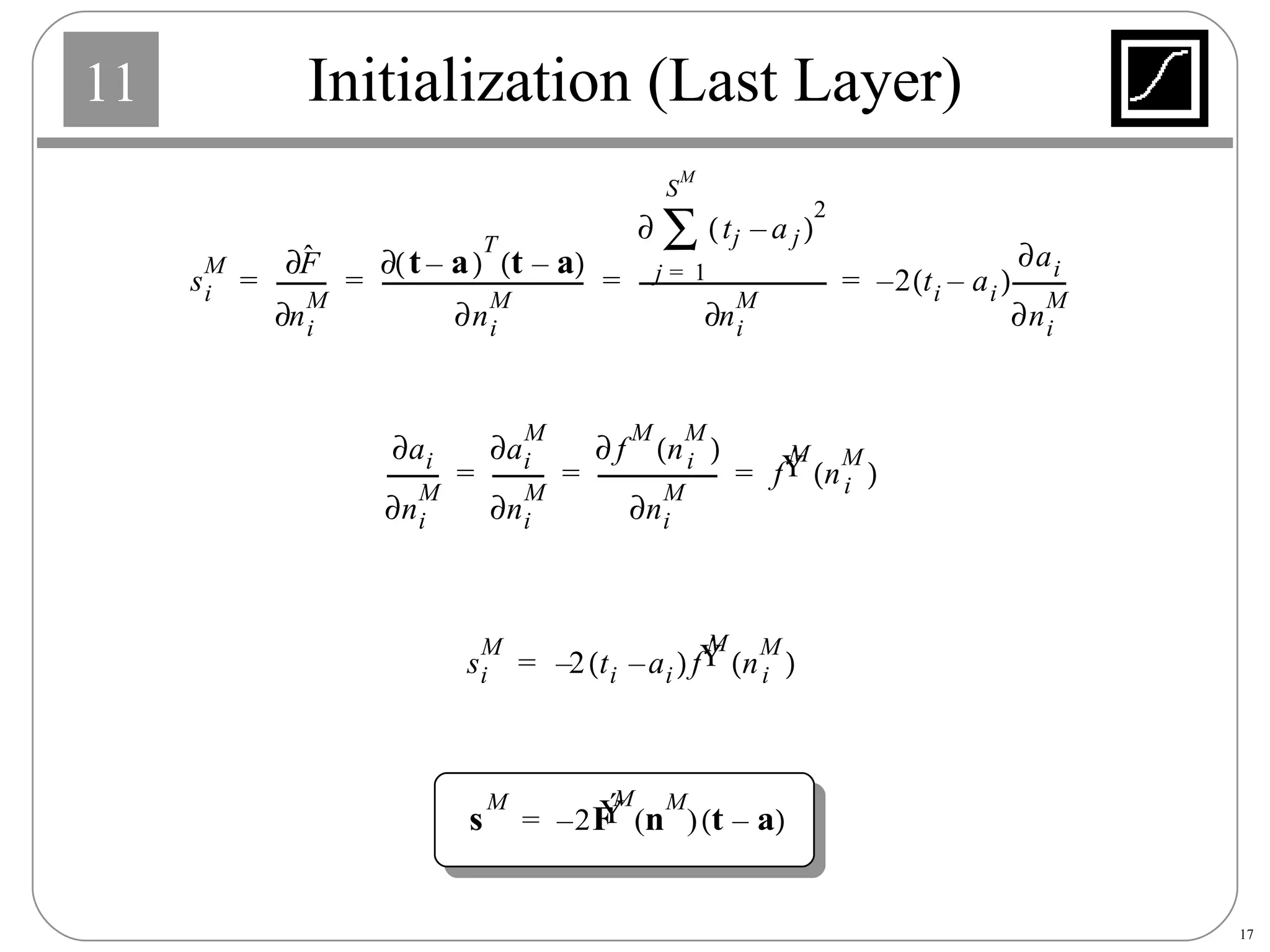 Initialization (Last Layer) a i  n i M  - - - - - - - - - - a i M  n i M  - - - - - - - - - - f M n i M    n i M  - - - - - - - - - - - - - - - - - - - - - - - f Ý M n i M   = = = s i M 2 t i a i –   – f Ý M n i M   = 