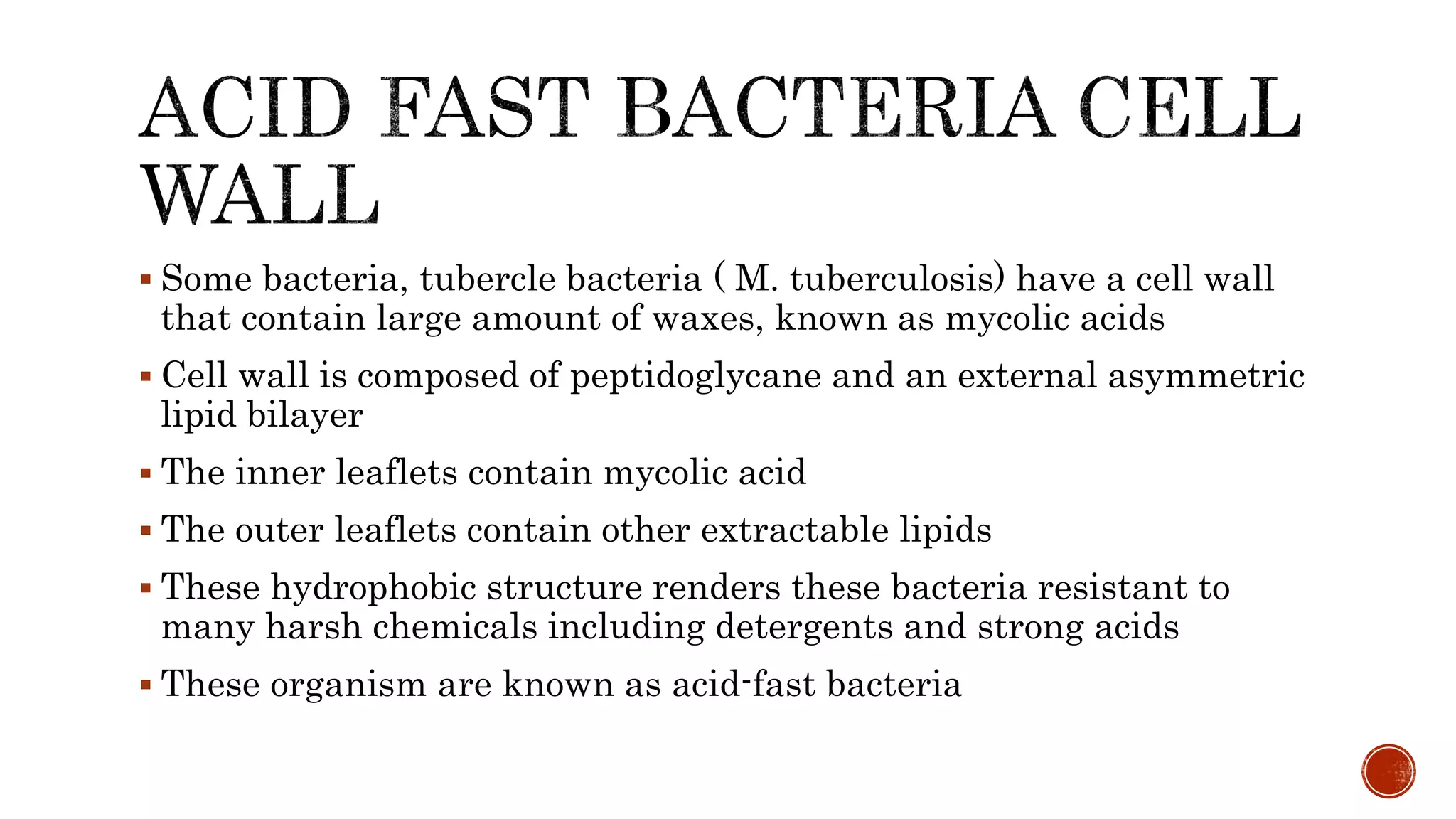  Some bacteria, tubercle bacteria ( M. tuberculosis) have a cell wall
that contain large amount of waxes, known as mycolic acids
 Cell wall is composed of peptidoglycane and an external asymmetric
lipid bilayer
 The inner leaflets contain mycolic acid
 The outer leaflets contain other extractable lipids
 These hydrophobic structure renders these bacteria resistant to
many harsh chemicals including detergents and strong acids
 These organism are known as acid-fast bacteria
 