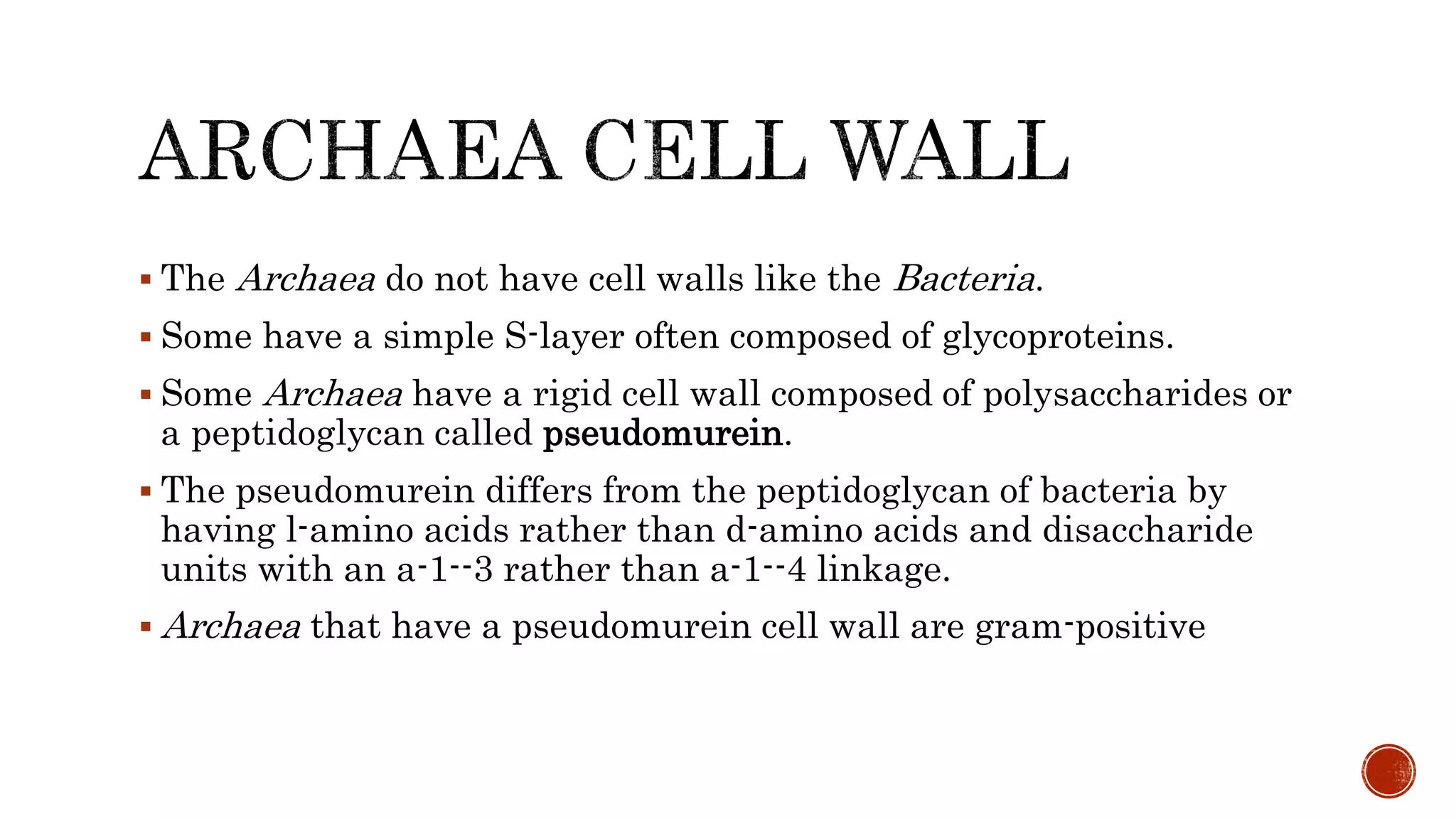  The Archaea do not have cell walls like the Bacteria.
 Some have a simple S-layer often composed of glycoproteins.
 Some Archaea have a rigid cell wall composed of polysaccharides or
a peptidoglycan called pseudomurein.
 The pseudomurein differs from the peptidoglycan of bacteria by
having l-amino acids rather than d-amino acids and disaccharide
units with an a-1--3 rather than a-1--4 linkage.
 Archaea that have a pseudomurein cell wall are gram-positive
 