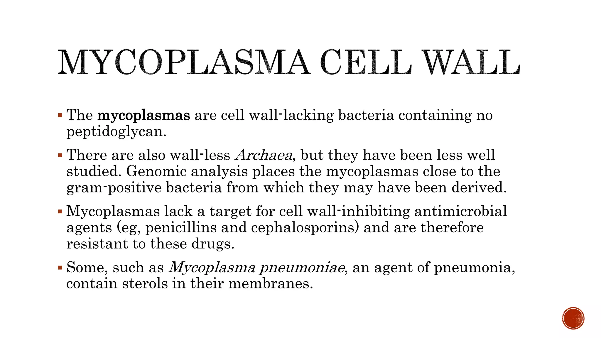  The mycoplasmas are cell wall-lacking bacteria containing no
peptidoglycan.
 There are also wall-less Archaea, but they have been less well
studied. Genomic analysis places the mycoplasmas close to the
gram-positive bacteria from which they may have been derived.
 Mycoplasmas lack a target for cell wall-inhibiting antimicrobial
agents (eg, penicillins and cephalosporins) and are therefore
resistant to these drugs.
 Some, such as Mycoplasma pneumoniae, an agent of pneumonia,
contain sterols in their membranes.
 