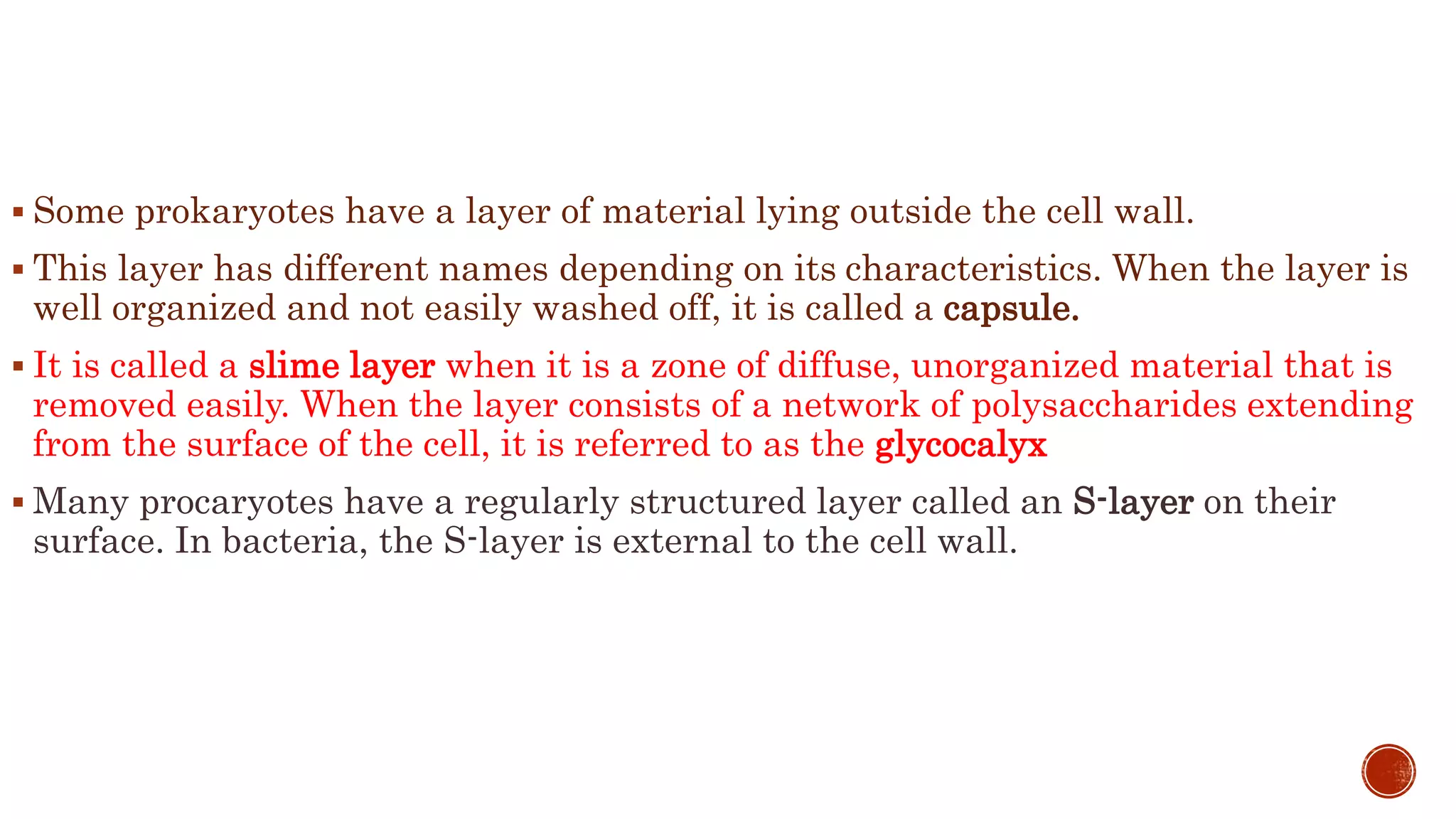  Some prokaryotes have a layer of material lying outside the cell wall.
 This layer has different names depending on its characteristics. When the layer is
well organized and not easily washed off, it is called a capsule.
 It is called a slime layer when it is a zone of diffuse, unorganized material that is
removed easily. When the layer consists of a network of polysaccharides extending
from the surface of the cell, it is referred to as the glycocalyx
 Many procaryotes have a regularly structured layer called an S-layer on their
surface. In bacteria, the S-layer is external to the cell wall.
 