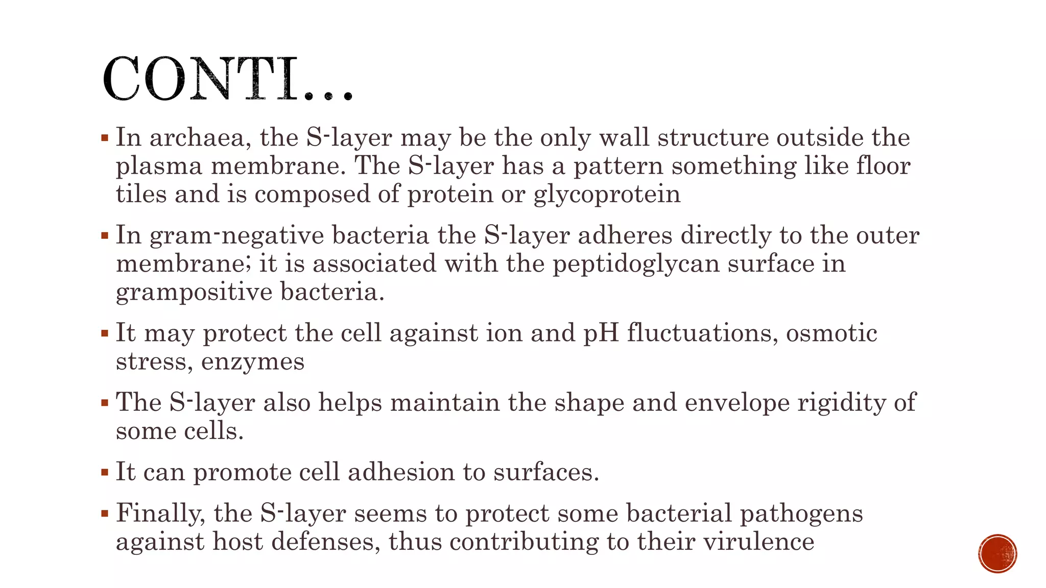  In archaea, the S-layer may be the only wall structure outside the
plasma membrane. The S-layer has a pattern something like floor
tiles and is composed of protein or glycoprotein
 In gram-negative bacteria the S-layer adheres directly to the outer
membrane; it is associated with the peptidoglycan surface in
grampositive bacteria.
 It may protect the cell against ion and pH fluctuations, osmotic
stress, enzymes
 The S-layer also helps maintain the shape and envelope rigidity of
some cells.
 It can promote cell adhesion to surfaces.
 Finally, the S-layer seems to protect some bacterial pathogens
against host defenses, thus contributing to their virulence
 