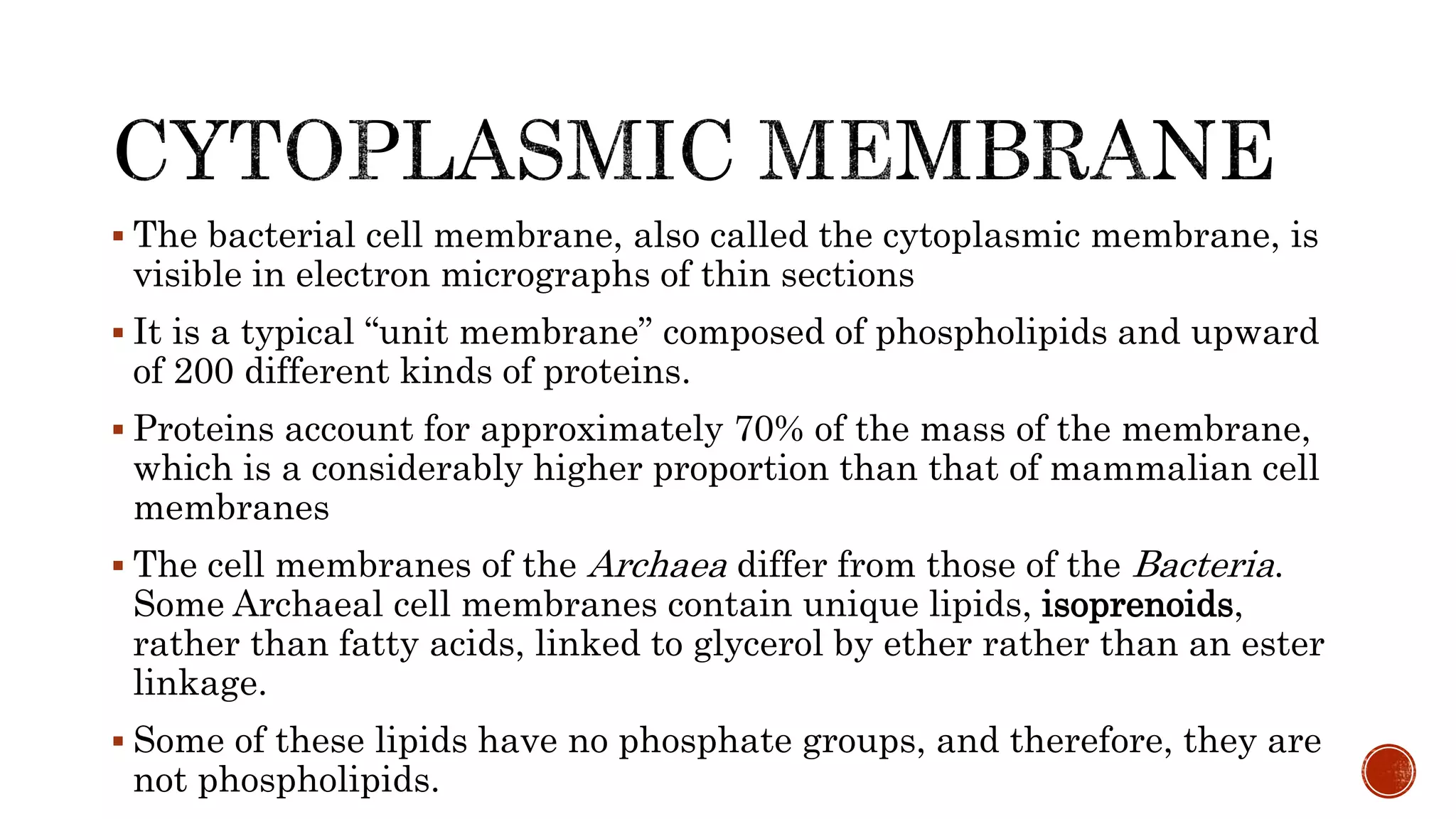  The bacterial cell membrane, also called the cytoplasmic membrane, is
visible in electron micrographs of thin sections
 It is a typical “unit membrane” composed of phospholipids and upward
of 200 different kinds of proteins.
 Proteins account for approximately 70% of the mass of the membrane,
which is a considerably higher proportion than that of mammalian cell
membranes
 The cell membranes of the Archaea differ from those of the Bacteria.
Some Archaeal cell membranes contain unique lipids, isoprenoids,
rather than fatty acids, linked to glycerol by ether rather than an ester
linkage.
 Some of these lipids have no phosphate groups, and therefore, they are
not phospholipids.
 
