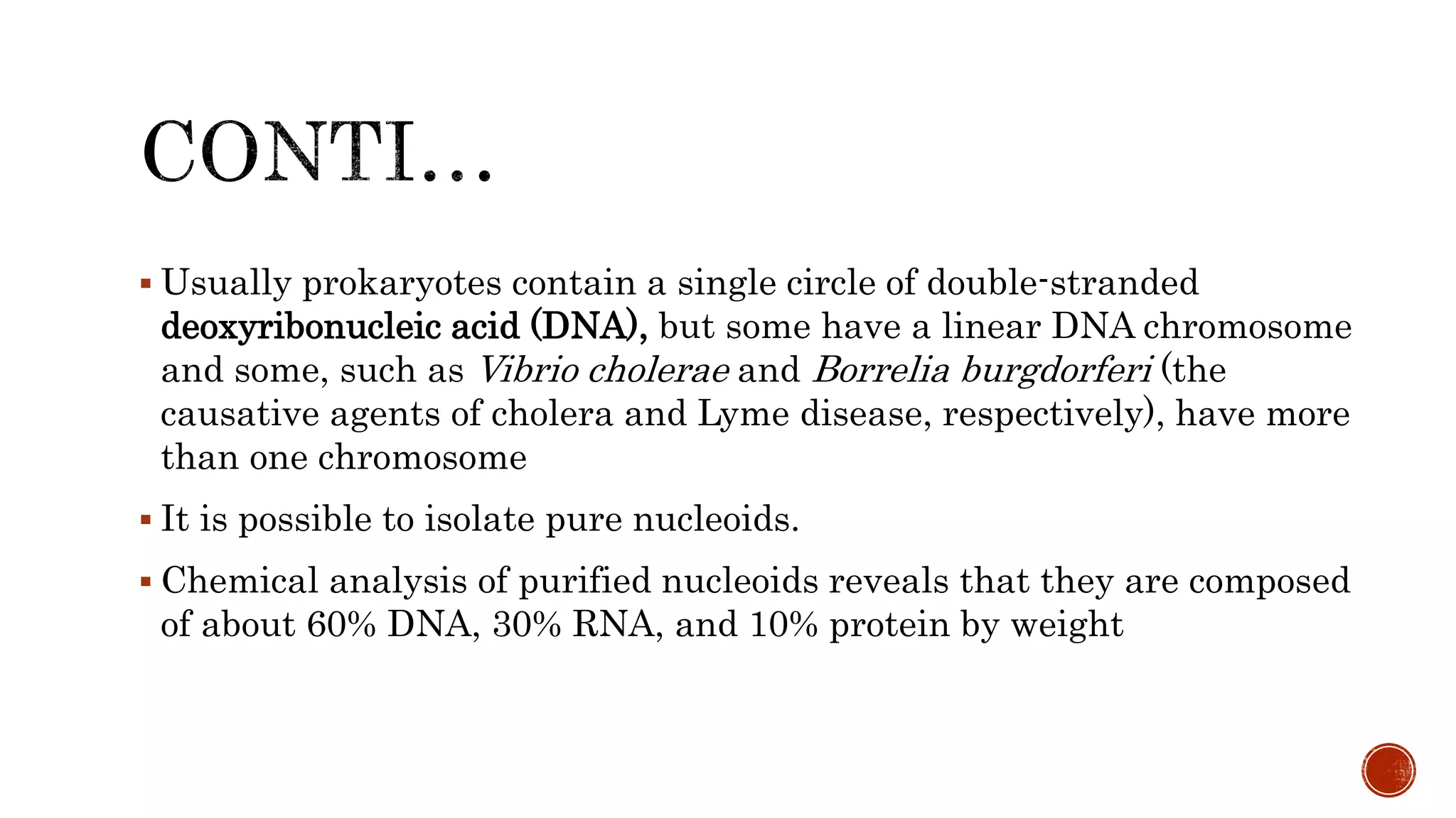  Usually prokaryotes contain a single circle of double-stranded
deoxyribonucleic acid (DNA), but some have a linear DNA chromosome
and some, such as Vibrio cholerae and Borrelia burgdorferi (the
causative agents of cholera and Lyme disease, respectively), have more
than one chromosome
 It is possible to isolate pure nucleoids.
 Chemical analysis of purified nucleoids reveals that they are composed
of about 60% DNA, 30% RNA, and 10% protein by weight
 