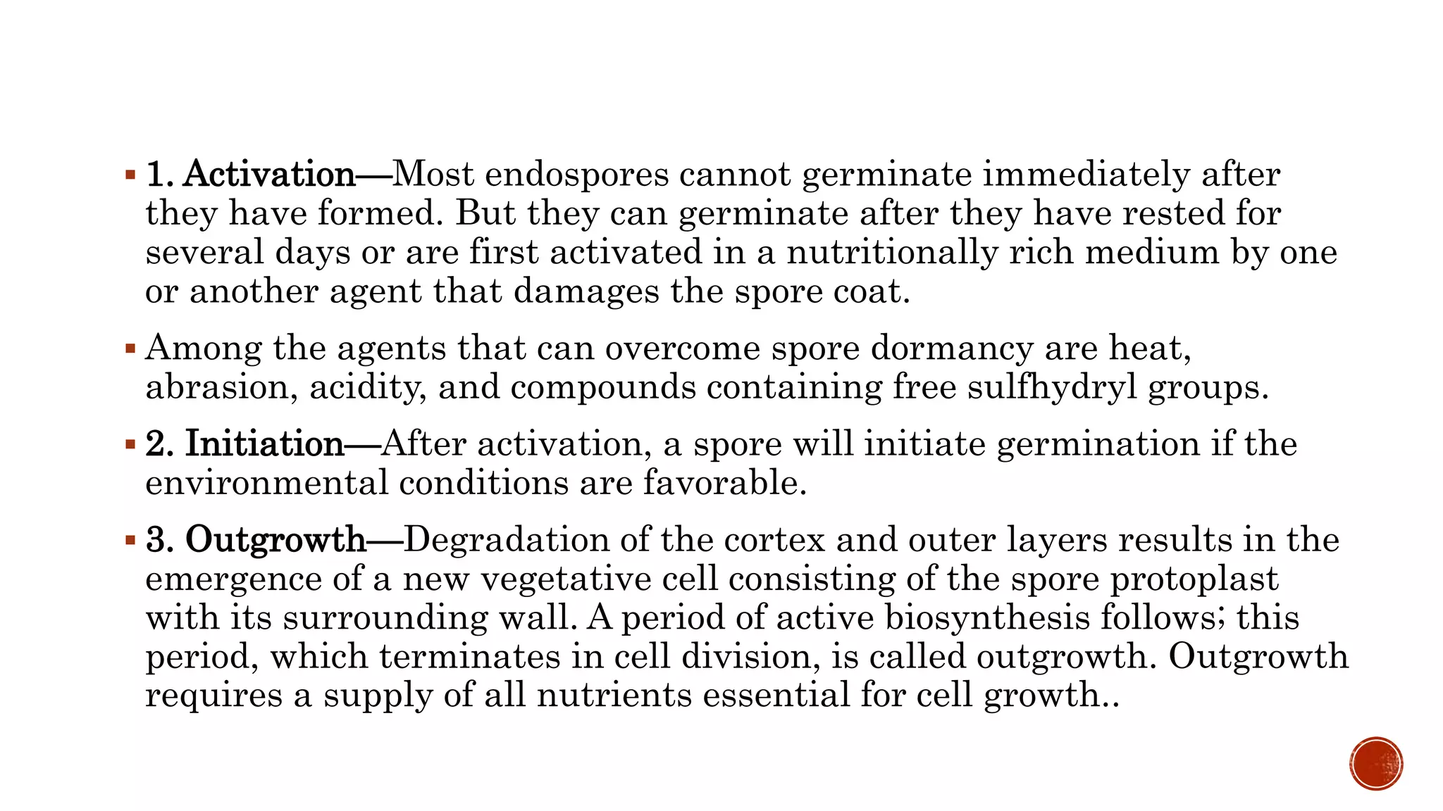  1. Activation—Most endospores cannot germinate immediately after
they have formed. But they can germinate after they have rested for
several days or are first activated in a nutritionally rich medium by one
or another agent that damages the spore coat.
 Among the agents that can overcome spore dormancy are heat,
abrasion, acidity, and compounds containing free sulfhydryl groups.
 2. Initiation—After activation, a spore will initiate germination if the
environmental conditions are favorable.
 3. Outgrowth—Degradation of the cortex and outer layers results in the
emergence of a new vegetative cell consisting of the spore protoplast
with its surrounding wall. A period of active biosynthesis follows; this
period, which terminates in cell division, is called outgrowth. Outgrowth
requires a supply of all nutrients essential for cell growth..
 