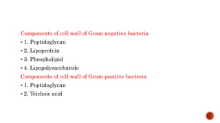 Components of cell wall of Gram negative bacteria
 1. Peptidoglycan
 2. Lipoprotein
 3. Phospholipid
 4. Lipopolysaccharide
Components of cell wall of Gram positive bacteria
 1. Peptidoglycan
 2. Teichoic acid
 