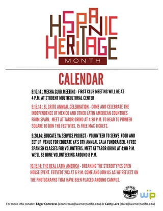 Hispanic Heritage Month Calendar