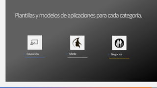 Plantillasymodelosdeaplicacionesparacadacategoría.
○ Educación ○ Moda ○ Negocios
 