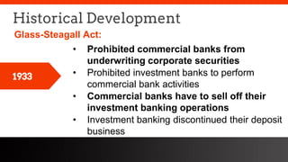 freegoogleslidestemplates.com
Historical Development
1933
• Prohibited commercial banks from
underwriting corporate securities
• Prohibited investment banks to perform
commercial bank activities
• Commercial banks have to sell off their
investment banking operations
• Investment banking discontinued their deposit
business
Glass-Steagall Act:
 