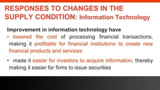 freegoogleslidestemplates.com
RESPONSES TO CHANGES IN THE
SUPPLY CONDITION: Information Technology
Improvement in information technology have
• lowered the cost of processing financial transactions,
making it profitable for financial institutions to create new
financial products and services
• made it easier for investors to acquire information, thereby
making it easier for firms to issue securities
 