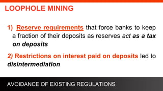 freegoogleslidestemplates.com
LOOPHOLE MINING
1) Reserve requirements that force banks to keep
a fraction of their deposits as reserves act as a tax
on deposits
2) Restrictions on interest paid on deposits led to
disintermediation
AVOIDANCE OF EXISTING REGULATIONS
 