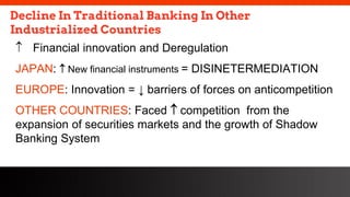 freegoogleslidestemplates.com
Decline In Traditional Banking In Other
Industrialized Countries
 Financial innovation and Deregulation
JAPAN:  New financial instruments = DISINETERMEDIATION
EUROPE: Innovation = ↓ barriers of forces on anticompetition
OTHER COUNTRIES: Faced  competition from the
expansion of securities markets and the growth of Shadow
Banking System
 
