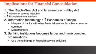 freegoogleslidestemplates.com
Implications for Financial Consolidation
1. The Riegle-Neal Act and Gramm-Leach-Billey Act
=  Number of banking institution
=  Financial service activities
2. Information technology =  Economies of scope
• Mergers of banks with other financial service firms became more
common
• Megamergers
3. Banking institutions becomes larger and more complex
organizations
• Use the full range of financial service activities
 