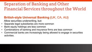 freegoogleslidestemplates.com
Separation of Banking and Other
Financial Services throughout the World
British-style Universal Banking (UK, CA, AU)
Allow securities underwriting, but:
• Separate legal subsidiaries are more common
• Bank equity holdings are less common
• Combinations of banking and insurance firms are less common
• Commercial banks are increasingly being allowed to engage in securities
activities.
 