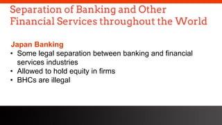 freegoogleslidestemplates.com
Separation of Banking and Other
Financial Services throughout the World
Japan Banking
• Some legal separation between banking and financial
services industries
• Allowed to hold equity in firms
• BHCs are illegal
 