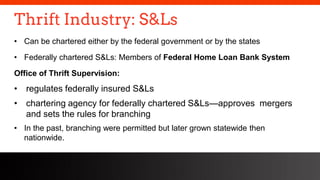 freegoogleslidestemplates.com
Thrift Industry: S&Ls
• Can be chartered either by the federal government or by the states
• Federally chartered S&Ls: Members of Federal Home Loan Bank System
Office of Thrift Supervision:
• regulates federally insured S&Ls
• chartering agency for federally chartered S&Ls—approves mergers
and sets the rules for branching
• In the past, branching were permitted but later grown statewide then
nationwide.
 