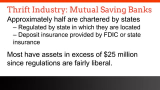 freegoogleslidestemplates.com
Thrift Industry: Mutual Saving Banks
Approximately half are chartered by states
– Regulated by state in which they are located
– Deposit insurance provided by FDIC or state
insurance
Most have assets in excess of $25 million
since regulations are fairly liberal.
 