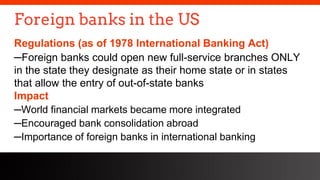 freegoogleslidestemplates.com
Foreign banks in the US
Regulations (as of 1978 International Banking Act)
─Foreign banks could open new full-service branches ONLY
in the state they designate as their home state or in states
that allow the entry of out-of-state banks
Impact
─World financial markets became more integrated
─Encouraged bank consolidation abroad
─Importance of foreign banks in international banking
 