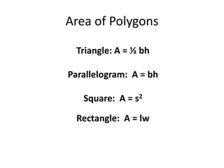 Area of PolygonsTriangle: A = ½ bhParallelogram:  A = bhSquare:  A = s2Rectangle:  A = lw