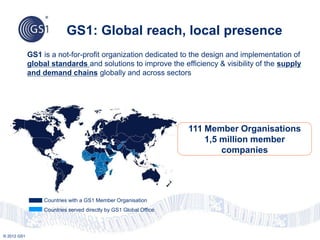 © 2012 GS1
GS1: Global reach, local presence
GS1 is a not-for-profit organization dedicated to the design and implementation of
global standards and solutions to improve the efficiency & visibility of the supply
and demand chains globally and across sectors
Countries with a GS1 Member Organisation
Countries served directly by GS1 Global Office
111 Member Organisations
1,5 million member
companies
 