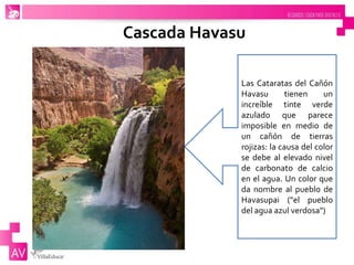 Cascada Havasu
Las Cataratas del Cañón
Havasu tienen un
increíble tinte verde
azulado que parece
imposible en medio de
un cañón de tierras
rojizas: la causa del color
se debe al elevado nivel
de carbonato de calcio
en el agua. Un color que
da nombre al pueblo de
Havasupai ("el pueblo
del agua azul verdosa")
 