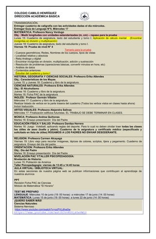 COLEGIO CAMILO HENRÍQUEZ
DIRECCIÓN ACADÉMICA BÁSICA
TRANSMIGRACIÓN.
Entregar cuaderno de caligrafía con las actividades dadas el día miércoles.
Entregar Guía de Lenguaje N°5, Miércoles 17
MATEMÁTICA: Profesora Nancy Verdugo
Obj. : Medir longitudes con unidades estandarizadas (m, cm) – repaso para la prueba
Lunes 15: Cuaderno de asignatura, texto del estudiante y tomo I. Aplicación de cálculo mental (Encontrar
incógnitas en división y multiplicación)
Jueves 18: Cuaderno de asignatura, texto del estudiante y tomo I.
Viernes 19: Prueba de nivel N° 4
Temario para la prueba
- Cuerpos geométricos; Redes, Nombres de los cuerpos, tipos de vistas
- Localidad relativa y absoluta
- Reloj Análogo y digital
- Encontrar incógnitas en división, multiplicación, adición y sustracción
- Resolución de problemas (operaciones básicas, convertir minutos en hora, etc)
- Análisis de datos
- Contenidos anteriores
Estudiar del cuaderno y tomo I
HISTORIA, GEOGRAFÍA Y CIENCIAS SOCIALES: Profesora Erika Allendes
Obj.: Características de los Mayas.
Lunes 15: y Jueves 18: Cuaderno y libro de la asignatura.
CIENCIAS NATURALES: Profesora Erika Allendes
Obj.: El Alcoholismo
Jueves 18: Cuaderno y libro de la asignatura.
Martes 16: Ficha PAC de la asignatura
INGLÉS: Profesor Germán Villalón
Miércoles 17: Cuaderno y libro de la asignatura.
Realizar listado de verbos en la parte trasera del cuaderno (Todos los verbos vistos en clases hasta ahora)
Incluir traducción.
ARTES VISUALES: Profesora Alejandra Salinas
Miércoles 17: Finalización edificios futuristas. EL TRABAJO SE DEBE TERMINAR EN CLASES.
MÚSICA: Profesora Andrea Quiñones
Martes 16: Ensayo presentación Día del Padre
EDUCACIÓN FÍSICA Y SALUD: Profesora Danitza Herrera
Martes 16: Juego Voleiball, aplicando reglas del deporte. Para lo cual no deben olvidar traer todas las clases
los útiles de aseo (toalla y jabón). Cuaderno de la asignatura y certificado médico (especificado y
solicitado en lista de útiles) ROGAMOS A LOS PADRES NO ENVIAR DESODERANTE.
RELIGION: Profesora Carmen Alcayaga
Viernes 19: Libro viejo para recortar imágenes, lápices de colores, scriptos, tijera y pegamento. Cuaderno de
asignatura. Ensayo del día del padre.
ORIENTACION: Profesora Erika Allendes
Obj.: Día del Padre
Martes 16: Ensayo presentación Día del Padre
NIVELACIÓN PAC Y/TALLER PSICOPEDAGOGÍA:
Nivelación de Historia:
Lunes 15: Población de América
Taller Psicopedagogía: viernes de 13:45 a 14:45 horas
AULA VIRTUAL / BIBLIOTECA VIRTUAL:
En estas secciones de nuestra página web se publican informaciones que contribuyen al aprendizaje de
nuestros alumnos
PPT
Revisión Ficha PAC de Ciencias
Módulo de Matemática “El Horario”
TEST ME PREPARO
LENGUAJE: Miércoles 10 de junio (19: 00 horas) a miércoles 17 de junio (14: 00 horas)
MATEMÁTICA: Lunes 15 de junio (19: 00 horas) a lunes 22 de junio (14: 00 horas)
¡QUIERO SABER MÁS!
Ciencias Naturales:
Sistema Nervioso
https://www.youtube.com/watch?v=ocPVLdfve0w
https://www.youtube.com/watch?v=KU0j40eVWLU
 