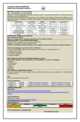 COLEGIO CAMILO HENRÍQUEZ
DIRECCIÓN ACADÉMICA BÁSICA
RELIGION: Profesora Carmen Alcayaga
Obj.: La Solidaridad y sus implicancias
Viernes 21: Traer los siguientes materiales: lápices de colores, cartón piedra del tamaño de 1 lamina de cartulina,
pegamento, elementos para adornar.
Es necesario que el cuaderno de la asignatura, si es compartido, sea marcado donde comienza religión, ya que
algunos alumnos se confunden al buscar clase anterior. El cuaderno de Religión será evaluado mediante la
siguiente rúbrica.
INDICADORES MUY BUENO 3 BUENO 2 SUFICIENTE 1 INSUFICIENTE 0
Fechas de las clases
Registro clase a
clases
Registro clase por
medio
Registro ocasional No hay registro
Registro de los Aprendizajes
Esperados
Registro completo
clase a clases
Registro a medias y
clase por medio
Registro ocasional No hay registros
Letraclaraylegible Letra clara y legible
Letra poco clara y
legible
Solo cumple con un
indicador
No cumple con los
dos indicadores
Lasactividadesdelcuaderno
estántotalmentedesarrolladas
Totalmente
desarrolladas
Desarrollada la
mitad de ellas
Desarrollada un
cuarto de ellas
Sin actividades
terminadas
Cuadernoseobservalimpioy
ordenado.
Limpio y ordenado Solo ordenado Solo limpio
No cumple con los
dos indicadores
TECNOLOGÍA: Profesora Erika Allendes
Obj.: Creación de Díptico
Martes 18: Cuaderno de la Tecnología. Aprenden uso de programa Publisher
NIVELACIÓN PAC Y/TALLER PSICOPEDAGOGÍA:
Nivelación PAC Lenguaje (Lunes de 14:00 a 15:00 horas)
Lenguaje: Comprensión Lectora: Análisis de texto.
Debido a la cantidad de alumnos citados, no se aceptarán a alumnos voluntarios a ninguna Nivelación.
Taller Psicopedagogía: viernes de 13:45 a 14:45 horas
Los alumnos que deben asistir durante el periodo del 27 de Julio al 11 de Septiembre son:
1) María José Carrasco
2) Sebastián Painaqueo
3) Constanza Espinoza
4) Alexis Encalada
NIVELACIÓN PAC INGLÉS: PROFESOR GERMAN VILLALÓN
DÍA JUEVES DESDE EL 06 DE AGOSTO AL 27 DE AGOSTO- 13: 45 A 14: 45 HORAS
- Figueroa
- López Mauricio
- López Cesar
- Navarro
- Espinoza
- Encalada
AULA VIRTUAL / BIBLIOTECA VIRTUAL:
En estas secciones de nuestra página web se publican informaciones que contribuyen al aprendizaje de
nuestros alumnos
PPT
Módulo de Lenguaje: Prefijo y sufijo
TEST ME PREPARO
¡QUIERO SABER MÁS!
Matemática:
https://luisamariaarias.wordpress.com/2012/11/16/jugar-con-las-fracciones/
http://www.mundoprimaria.com/juegos-matematicas/actividades-medidas-longitud-peso-capacidad-tiempo-
primaria
Ciencias Naturales
Estados de la Materia
https://www.youtube.com/watch?v=6sfV1Yt2SVQ
CALENDARIO DE EVALUACIONES:
MES DE AGOSTO:
Sin otro particular, se despide atte.
Erika Allendes Tobar
 