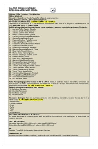 COLEGIO CAMILO HENRÍQUEZ
DIRECCIÓN ACADÉMICA BÁSICA
TECNOLOGÍA: Profesora Erika Allendes
TEMA: NAVIDAD
Martes 24: Creación de Tarjeta Navideña, utilizando programa online
NIVELACIÓN PAC Y/TALLER PSICOPEDAGOGÍA:
Nivelación PAC Matemática. ÚLTIMA SEMANA DE TRABAJO
Desde el 21 de Septiembre al 27 de Noviembre, la nivelación PAC será de la asignatura de Matemática, los
días Miércoles, de 13:35 a 14:45 horas
Debido a la cantidad de alumnos citados, no se aceptarán a alumnos voluntarios a ninguna Nivelación.
1. Aranguiz Tellez Agustin Salvador
2. Aravena Criado Polette Xiomara
3. Aravena Garrido Raul Antonio
4. Blanco Toledo Carolina Ignacia
5. Carrasco Ossandon Isidora Monserrat
6. Chavez Reyes Diego Antonio
7. Figueroa Orellana Paula Fernanda
8. Frost Lopèz Ignacia Antonia
9. Fuenzalida Bustos Maximiliano Andres
10. Lopez Chacoff Cesar Franco
11. Lopez Chacoff Mauricio Benjamin
12. Marquez Sepulveda Eduardo Felipe
13. Mora Iriarte Alonso Esteban
14. Muñoz Acuña Vicente Ignacio
15. Navarro Sotomayor Vicente Javier
16. Panes Racovsky Martin
17. Peña Mora Catalina Antonia
18. Quevedo Rojo Miguel Ernesto
19. Rodriguez Rodriguez Iska Katyna
20. Sepulveda Ruminot Allen Vicente
21. Tamarin Pezo Kathya Valeska Trinidad
22. Tobar Gonzalez Javiera Antonia
23. Torres Celedon Martin Alonso
24. Torres Torres Alexis Fabian
25. Tranchino Miranda Javiera Trinidad
26. Venegas Duque Martin Cristobal
27. Vasquez Quiroz Felipe Ignacio
28. De La Fuente Martin
Taller Psicopedagogía: Día viernes de 13:45 a 14:45 horas. A partir del mes de Noviembre, comienzan las
evaluaciones. Si usted, como apoderada, no desea que se evalúe a su hijo, debe enviar una comunicación,
informando esta situación. ÚLTIMA SEMANA DE TRABAJO
Deben traer cuaderno y estuche para trabajar.
1) María José Carrasco
2) Sebastián Painaqueo
3) Constanza Espinoza
4) Alexis Encalada
Nivelación de Inglés: Para los alumnos avanzados entre Octubre y Noviembre, los días Jueves, de 13:45 a
15:00 horas. ÚLTIMA SEMANA DE TRABAJO
- Bahamondes
- Carrasco Isidora
- Frost
- Peña
- Rojas
- Ríos
- Torres Martín
AULA VIRTUAL / BIBLIOTECA VIRTUAL:
En estas secciones de nuestra página web se publican informaciones que contribuyen al aprendizaje de
nuestros alumnos
TEST ME PREPARO
Lenguaje: Miércoles 18 (19:00 horas) a Miércoles 25 (14:00 horas)
Matemática: Lunes 23 (19:00 horas) a Lunes 30 (14:00 horas)
PPT
Revisión Ficha PAC de Lenguaje, Matemática y Ciencias
DIARIO VIRTUAL
Proyecto de Disertaciones con fechas y especificaciones de cada alumno y rúbrica de evaluación.
 