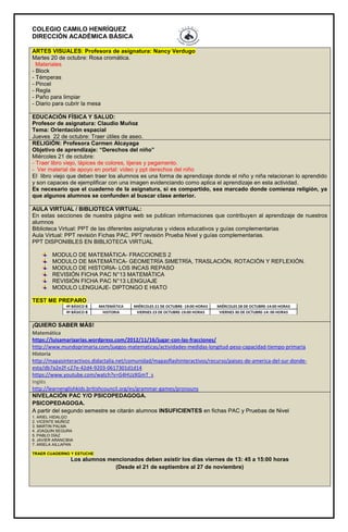 COLEGIO CAMILO HENRÍQUEZ
DIRECCIÓN ACADÉMICA BÁSICA
ARTES VISUALES: Profesora de asignatura: Nancy Verdugo
Martes 20 de octubre: Rosa cromática.
Materiales
- Block
- Témperas
- Pincel
- Regla
- Paño para limpiar
- Diario para cubrir la mesa
EDUCACIÓN FÍSICA Y SALUD:
Profesor de asignatura: Claudio Muñoz
Tema: Orientación espacial
Jueves 22 de octubre: Traer útiles de aseo.
RELIGIÓN: Profesora Carmen Alcayaga
Objetivo de aprendizaje: “Derechos del niño”
Miércoles 21 de octubre:
- Traer libro viejo, lápices de colores, tijeras y pegamento.
- Ver material de apoyo en portal: vídeo y ppt derechos del niño
El libro viejo que deben traer los alumnos es una forma de aprendizaje donde el niño y niña relacionan lo aprendido
y son capaces de ejemplificar con una imagen evidenciando como aplica el aprendizaje en esta actividad.
Es necesario que el cuaderno de la asignatura, si es compartido, sea marcado donde comienza religión, ya
que algunos alumnos se confunden al buscar clase anterior.
AULA VIRTUAL / BIBLIOTECA VIRTUAL:
En estas secciones de nuestra página web se publican informaciones que contribuyen al aprendizaje de nuestros
alumnos
Biblioteca Virtual: PPT de las diferentes asignaturas y videos educativos y guías complementarias
Aula Virtual: PPT revisión Fichas PAC, PPT revisión Prueba Nivel y guías complementarias.
PPT DISPONIBLES EN BIBLIOTECA VIRTUAL
MODULO DE MATEMÁTICA- FRACCIONES 2
MODULO DE MATEMÁTICA- GEOMETRÍA SIMETRÍA, TRASLACIÓN, ROTACIÓN Y REFLEXIÓN.
MODULO DE HISTORIA- LOS INCAS REPASO
REVISIÓN FICHA PAC N°13 MATEMÁTICA
REVISIÓN FICHA PAC N°13 LENGUAJE
MODULO LENGUAJE- DIPTONGO E HIATO
TEST ME PREPARO
¡QUIERO SABER MÁS!
Matemática
https://luisamariaarias.wordpress.com/2012/11/16/jugar-con-las-fracciones/
http://www.mundoprimaria.com/juegos-matematicas/actividades-medidas-longitud-peso-capacidad-tiempo-primaria
Historia
http://mapasinteractivos.didactalia.net/comunidad/mapasflashinteractivos/recurso/paises-de-america-del-sur-donde-
esta/db7a2e2f-c27e-42d4-9203-0617301d1d14
https://www.youtube.com/watch?v=G4HUzXGmT_s
Inglés
http://learnenglishkids.britishcouncil.org/es/grammar-games/pronouns
NIVELACIÓN PAC Y/O PSICOPEDAGOGA.
PSICOPEDAGOGA.
A partir del segundo semestre se citarán alumnos INSUFICIENTES en fichas PAC y Pruebas de Nivel
1. ARIEL HIDALGO
2. VICENTE MUÑOZ
3. MARTIN PALMA
4. JOAQUIN SEGURA
5. PABLO DÍAZ
6. JAVIER ARANCIBIA
7. ARIELA AILLAPAN
TRAER CUADERNO Y ESTUCHE
Los alumnos mencionados deben asistir los días viernes de 13: 45 a 15:00 horas
(Desde el 21 de septiembre al 27 de noviembre)
 