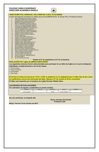 COLEGIO CAMILO HENRÍQUEZ
DIRECCIÓN ACADÉMICA BÁSICA
Sin otro particular, se despide atte.
Nancy Verdugo Quintanilla
Profesora Jefe
Maipú, Viernes 16 de octubre de 2015
NIVELACIÓN PAC LENGUAJE: DÍA LUNES DE 13:45 A 14:45 HORAS
A partir del segundo semestre se citarán alumnos ELEMENTALES en fichas PAC y Pruebas de Nivel
1. ABRIGO CARRASCO BASTIAN ALONSO
2. ARANCIBIA ADROVEZ JAVIER ESTEBAN
3. ARANGUIZ MOYA EMILIO SEBASTIAN
4. BERNALES ARANEDA RENATA PAZ
5. BRITO ZAMORANO AGUSTINA IGNACIA
6. CASTILLO CHAVEZ BENJAMIN IGNACIO
7. CATALAN GALDAMES MARTIN IGNACIO
8. CONTRERAS HERRERA ALINE MICHELLE
9. DIAZ GUAJARDO PABLO AGUSTIN
10. LEYTON SANDOVAL FERNANDA ROCIO
11. MARILAO CATALAN CAMILO FERNANDO
12. MORALES PEÑA AMANDA JESUS
13. MUÑOZ ACOSTA VICENTE IGNACIO
14. NOVOA JARA NOEL
15. PALMA PEREZ MARTIN NICOLAS
16. PEÑAILILLO MALLEA DIEGO EDUARDO
17. PEREZ FELIU MAXIMO GERMAN
18. POBLETE LAZO MARIA JOSE
19. RAMIREZ VIDAL BENJAMIN ERNESTO
20. RAMOS ROMO MAURA ANTONELLA
21. RIPPES BUSTOS RENATO ANDRES
22. ROA AMPUERO LUCIANO ANDRES
23. ROJAS ABARCA CARLA BEATRIZ
24. SEGURA CUEVAS JOAQUIN IGNACIO
25. SEPULVEDA GUAJARDO VICENTE IGNACIO
26. TABILO FREIRE FELIPE ANDRES
27. VALDES ARENAS MILENA PAZ
28. VELOSO POZO CATALINA PAZ
29. ZAPATA CORDOVA TRINIDAD BELEN
30. AILLAPAN ARIELA
31. JELVES LAGOS CATALINA
(Desde el 21 de septiembre al 27 de noviembre)
NIVELACIÓN PAC inglés ALUMNOS ADECUADOS:
Los siguientes alumnos fueron seleccionados para participar de un taller de Inglés en el cual se trabajarán
habilidades complementarias a las de las clases.
1. Emilio Aranguiz
2. Vicente Curaqueo
3. Camila Rojas
4. Carla Rojas
El horario es todos los jueves de 13:45 a 15:00, la asistencia no es obligatoria pero si falta más de dos veces
sin justificación previa será eliminado del taller. (Desde el 01 de octubre al 26 de noviembre)
El taller será impartido por el profesor de inglés Germán Villalón Silva.
CALENDARIO DE EVALUACIONES:
Ver calendario de agosto y septiembre en portal camilino.
 