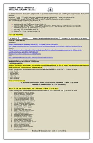 COLEGIO CAMILO HENRÍQUEZ
DIRECCIÓN ACADÉMICA BÁSICA
En estas secciones de nuestra página web se publican informaciones que contribuyen al aprendizaje de nuestros
alumnos
Biblioteca Virtual: PPT de las diferentes asignaturas y videos educativos y guías complementarias
Aula Virtual: PPT revisión Fichas PAC, PPT revisión Prueba Nivel y guías complementarias.
PPT DISPONIBLES EN BIBLIOTECA VIRTUAL
MODULO DE MATEMÁTICA- FRACCIONES 2
MODULO DE MATEMÁTICA- GEOMETRÍA SIMETRÍA, TRASLACIÓN, ROTACIÓN Y REFLEXIÓN.
MODULO LENGUAJE- DIPTONGO E HIATO
PROYECTO DE DRAMATIZACIÓN
REVISIÓN FICHA PAC MATEMÁTICA
TEST ME PREPARO
¡QUIERO SABER MÁS!
Matemática
https://luisamariaarias.wordpress.com/2012/11/16/jugar-con-las-fracciones/
http://www.mundoprimaria.com/juegos-matematicas/actividades-medidas-longitud-peso-capacidad-tiempo-primaria
Historia
http://mapasinteractivos.didactalia.net/comunidad/mapasflashinteractivos/recurso/paises-de-america-del-sur-donde-
esta/db7a2e2f-c27e-42d4-9203-0617301d1d14
https://www.youtube.com/watch?v=G4HUzXGmT_s
Inglés
http://learnenglishkids.britishcouncil.org/es/grammar-games/pronouns
NIVELACIÓN PAC Y/O PSICOPEDAGOGA.
PSICOPEDAGOGA.
Durante noviembre se realizará una evaluación psicopedagógica. Si Ud. no quiere que su pupilo sea evaluado
debe enviar una comunicación al especialista.
A partir del segundo semestre se citarán alumnos INSUFICIENTES en fichas PAC y Pruebas de Nivel
1. ARIEL HIDALGO
2. VICENTE MUÑOZ
3. MARTIN PALMA
4. JOAQUIN SEGURA
5. PABLO DÍAZ
6. JAVIER ARANCIBIA
7. ARIELA AILLAPAN
TRAER CUADERNO Y ESTUCHE
Los alumnos mencionados deben asistir los días viernes de 13: 45 a 15:00 horas
(Desde el 21 de septiembre al 27 de noviembre)
NIVELACIÓN PAC LENGUAJE: DÍA LUNES DE 13:45 A 14:45 HORAS
A partir del segundo semestre se citarán alumnos ELEMENTALES en fichas PAC y Pruebas de Nivel
1. ABRIGO CARRASCO BASTIAN ALONSO
2. ARANCIBIA ADROVEZ JAVIER ESTEBAN
3. ARANGUIZ MOYA EMILIO SEBASTIAN
4. BERNALES ARANEDA RENATA PAZ
5. BRITO ZAMORANO AGUSTINA IGNACIA
6. CASTILLO CHAVEZ BENJAMIN IGNACIO
7. CATALAN GALDAMES MARTIN IGNACIO
8. CONTRERAS HERRERA ALINE MICHELLE
9. DIAZ GUAJARDO PABLO AGUSTIN
10. LEYTON SANDOVAL FERNANDA ROCIO
11. MARILAO CATALAN CAMILO FERNANDO
12. MORALES PEÑA AMANDA JESUS
13. MUÑOZ ACOSTA VICENTE IGNACIO
14. NOVOA JARA NOEL
15. PALMA PEREZ MARTIN NICOLAS
16. PEÑAILILLO MALLEA DIEGO EDUARDO
17. PEREZ FELIU MAXIMO GERMAN
18. POBLETE LAZO MARIA JOSE
19. RAMIREZ VIDAL BENJAMIN ERNESTO
20. RAMOS ROMO MAURA ANTONELLA
21. RIPPES BUSTOS RENATO ANDRES
22. ROA AMPUERO LUCIANO ANDRES
23. ROJAS ABARCA CARLA BEATRIZ
24. SEGURA CUEVAS JOAQUIN IGNACIO
25. SEPULVEDA GUAJARDO VICENTE IGNACIO
26. TABILO FREIRE FELIPE ANDRES
27. VALDES ARENAS MILENA PAZ
28. VELOSO POZO CATALINA PAZ
29. ZAPATA CORDOVA TRINIDAD BELEN
30. AILLAPAN ARIELA
31. JELVES LAGOS CATALINA
(Desde el 21 de septiembre al 27 de noviembre)
 