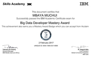 Dr. Naguib Attia
Vice President
Global University Programs
IBM USA
Takreem El-Tohamy
General Manager
IBM Middle East and Africa
This document certifies that
Successfully passed the IBM Academic Certificate exam for
This achievement also earns you a Mastery Award Badge which you can accept from Acclaim
MASTERY
AWARD
Skills Academy
MBAYA MUCHUI
2 February 2017
Big Data Developer Mastery Award
UNIQUE ID: 6454-1486-0331-6689
Digitally signed by
IBM Middle East
and Africa
University
Date: 2017.02.02
12:43:38 CET
Reason: Passed
test
Location: MEA
Portal Exams
Signat
 